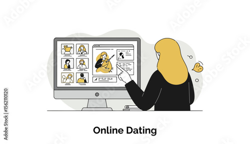 A young woman in a hijab and black outfit interacts with an online dating platform, scrolling through potential matches on a computer screen in a home office setting.