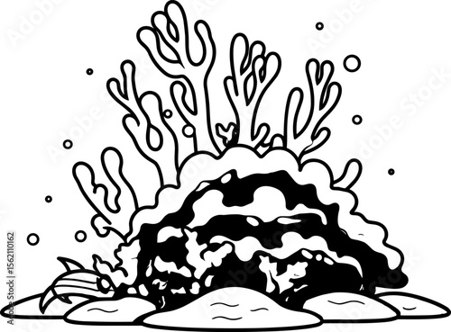 Coral Reef: A Thriving Marine Ecosystem in Black and White Outline