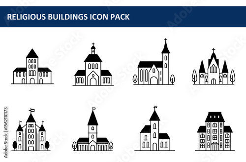 Line art illustrations of various religious buildings.