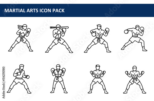 Martial arts icon pack of diverse athletes in various poses. Male and female figures in athletic clothing, in stances of a fighting position, showcasing Muay Thai or other martial arts.
