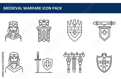 Medieval Warfare Icon Pack depicting various historical figures and weaponry in a simple, linear style. Medieval king with a crown, sword, and shield; weaponry and heraldry, such as flags and shields.