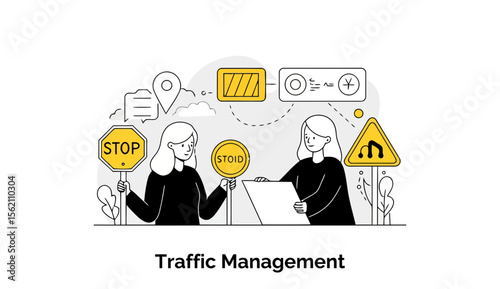 Two female traffic managers in black attire hold up road signs. They are collaborating on traffic management procedures outdoors.
