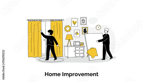 Home Improvement Illustration of two young professionals in a modern living room setting, opening and moving items. Young adults in business attire participating in a home renovation project.