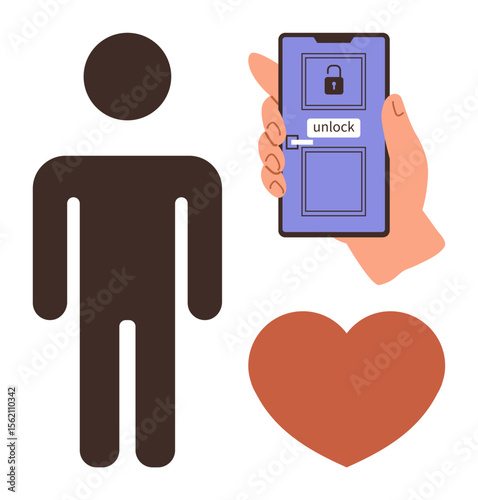 Person figure next to a hand holding smartphone unlocking door, heart icon nearby. Ideal for security, love, dating, technology, access, online interaction, simple flat metaphor