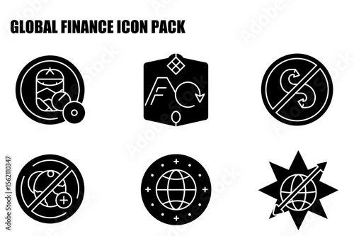Global Finance Icon Pack. Simple, stylized icons for financial services, showing various global and local financial instruments.