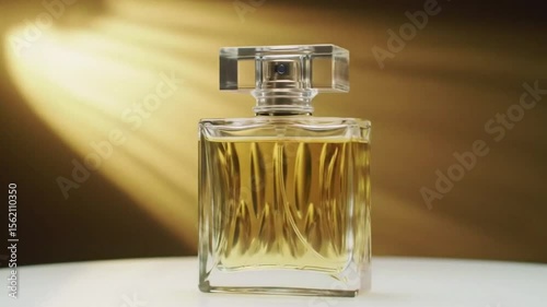 Luxury perfume bottle with transparent glass and gold spray cap, an isolated object of beauty and fragrant liquid video