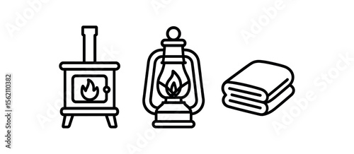 Icons of wood stove, oil lamp, and folded blanket on dark background vector icon isolated illustration