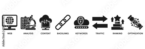 SEO icon set vector illustration concept relate to search engine optimization with icon of website, analysis, content, backlinks, keywords, traffic, ranking, and optimization