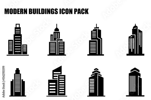 Modern building icons in various styles/architectures. Silhouette representations of urban high-rise structures against a white background.