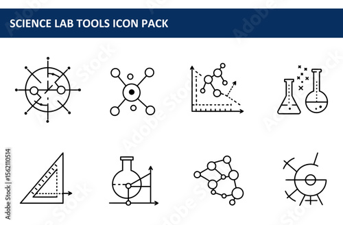 Science lab tools icon pack with various shapes, displaying tools and scientific representations. Simple, outlined images of tools and molecular structures.