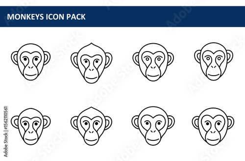 Simple line art monkey head icons in various poses for a digital design project. Collection of different monkey faces for icon design or illustration.