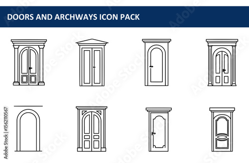 Line drawings of various doors and archways in different architectural styles. Simple, classic door and archway designs for use in architectural design or interior design.