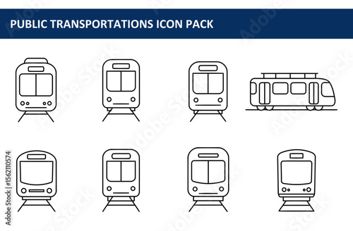 Public transportations icons in various views of trains/light rail vehicles on a city track.