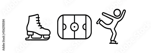 Ice skating icon set: skate, rink, skater silhouette on gray background vector icon isolated illustration