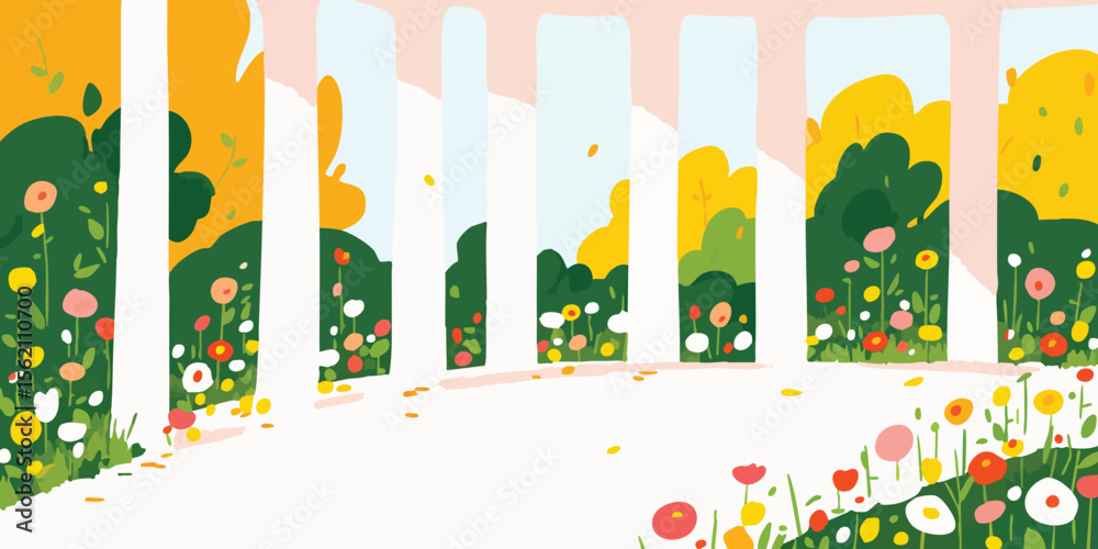 Obraz premium An artistic, vibrant garden scene with colorful flowers and lush greenery, viewed through the elegant archway in a digital illustration style.