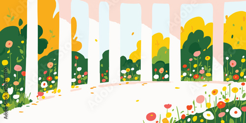 An artistic, vibrant garden scene with colorful flowers and lush greenery, viewed through the elegant archway in a digital illustration style.