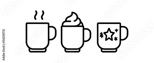 Icons of three coffee mugs with steam, cream, and star design vector icon isolated illustration