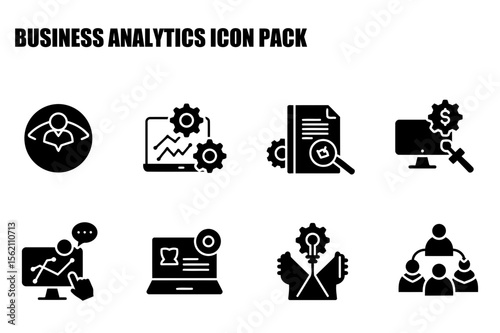 Business analytics icon set showing various aspects of data analysis and management.