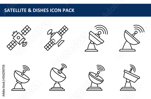 Satellite and Dishes Icon Pack. Simple line art illustrations of various satellite dishes and a satellite, against a plain white background.