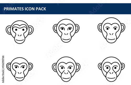 Line art illustrations of primate heads in a pack format. Simple, stylized monkey portraits displayed in a grid formation. Educational, design elements. Primate Icon Pack.
