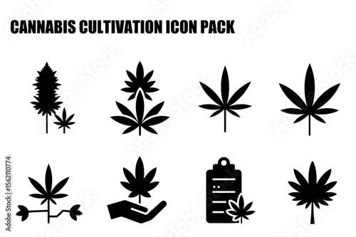 Cannabis cultivation icons in various growth stages and documentation. Silhouette cannabis plant images with different growth phases, and a hand holding cannabis plant.