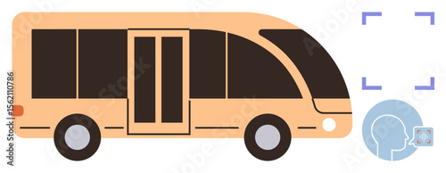 Modern bus with sleek design, voice recognition element, facial recognition frame illustrating innovative transportation. Ideal for smart mobility, AI, automation, convenience, technology, public