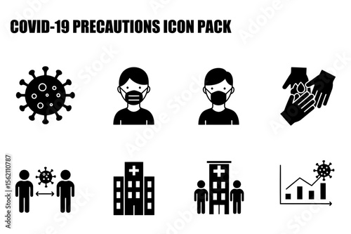 COVID-19 safety precautions illustrated icons for general public use in a simple, clean design. Illustrative icons of preventative measures during pandemic in different scenarios.