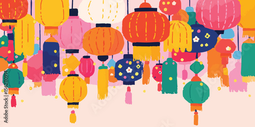 Vibrant lanterns in a joyful display, painted in rich colors and adorned with delicate details. These illuminated symbols of hope create a lively and festive atmosphere.