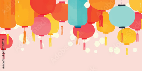Vibrant colorful paper lanterns decorate the scene, with a festive charm and elegant arrangement, casting a soft, ambient glow, perfect for capturing cultural celebrations and events.
