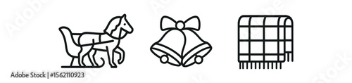 Christmas icons with rocking horse, bells, and blanket silhouette vector icon isolated illustration