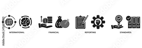 Ifrs icon set vector illustration concept relate to international financial reporting standards with icon of global, network, money, documents, books, and writing