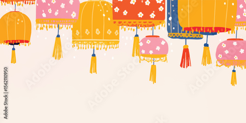 A colorful lantern illustration, embodying celebration, traditional design, and vibrant decoration. Each lantern's pattern and details brings a festive air to any special event.