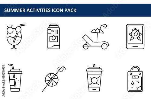 Summer activities icon pack. flat line style, general public, various activities depicted in simple, stylized graphics.