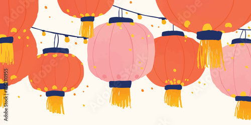 Vibrant Chinese lanterns illuminate the scene, celebrating the richness of cultural traditions. An illustration captures the radiant colors.