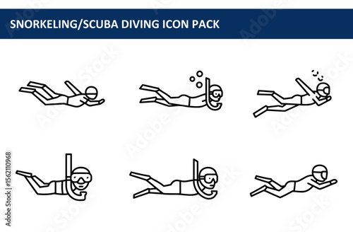 Snorkeling/scuba diving icons of diverse people in various poses, depicting underwater activities. Divers in action with scuba gear and flippers in a white background.