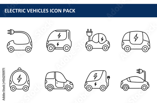 Electric Vehicles Icon Pack. Various models in side profile view. Line art designs with charging elements. Generic models for automotive industries and designers.