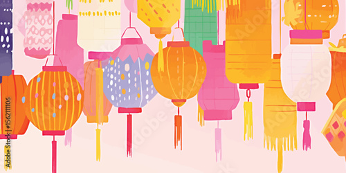 Vibrant lanterns illuminate the sky with a captivating display of color and culture, with beautiful lights dancing against the pastel sky.