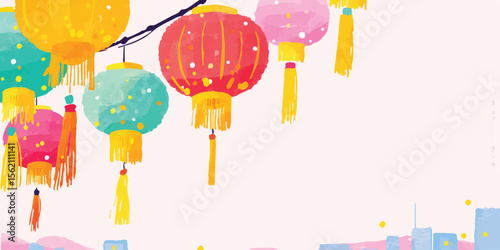 Festive lanterns in an illustration, evoke a sense of joy and celebration. A beautifully illustrated series of lanterns.