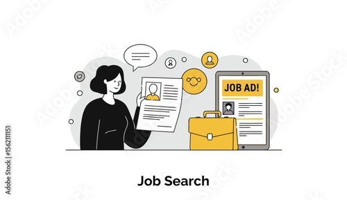 Young woman reviewing a job application online with a tablet and briefcase. Job seeker examining resume details in modern digital workplace.