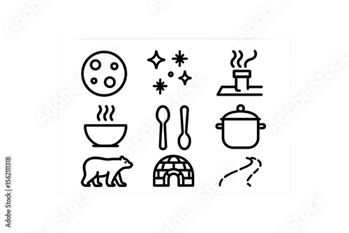 Black winter icons: moon, stars, polar bear, soup, igloo, chimney, spoon, pot vector icon isolated illustration