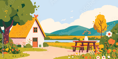 A charming cottage nestles amidst a vibrant, sun-drenched landscape, an idyllic scene of rural bliss. This image encapsulates tranquility, offering an escape to a peaceful, harmonious world.