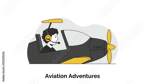 A young pilot in a dark gray flight suit sits in the cockpit of a small aircraft with yellow accents. A pilot in a cockpit with a gray-toned plane.