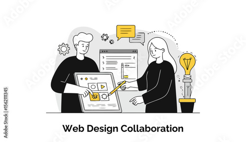 Young professionals in casual wear collaborating on a web design project, interacting with a digital interface, in a modern office setting. Web developers working together at a modern office.