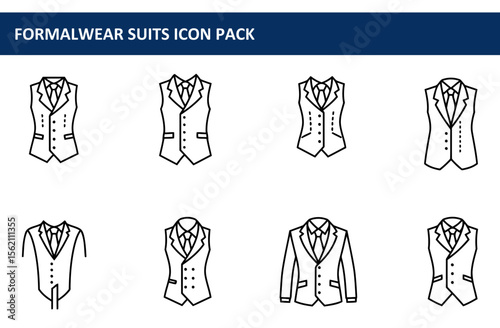 Formalwear suits icons with various styles displayed in a simple, clean graphic design. Collection of formal wear suit options for business use.