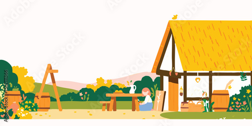 An idyllic rustic scene of traditional farm life. A quaint home with a thatched roof, in the serene countryside, evokes a sense of peace and harmony, and highlights the beauty of simplicity.