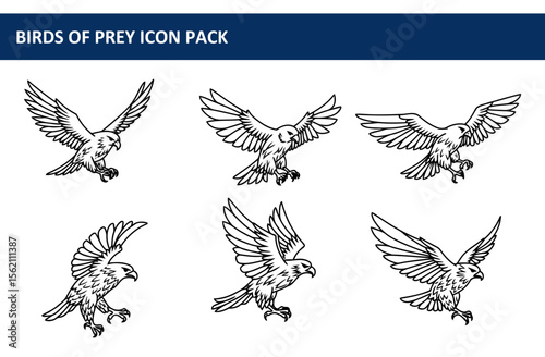 Birds of Prey Icon Pack. vector illustration of various predatory birds in flight.