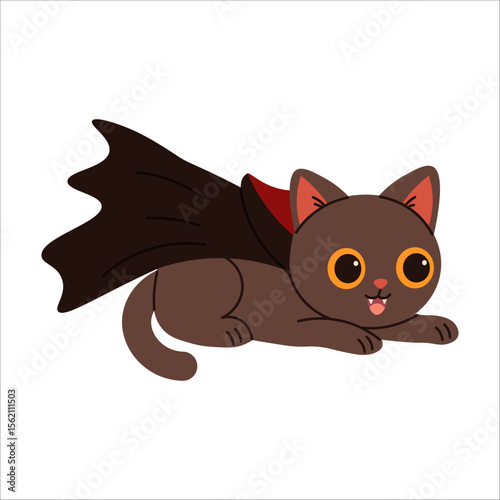 Cute cartoon cat in a vampire costume with a black and red cape, ideal for Halloween designs, spooky parties, themed decorations, and playful holiday illustrations.