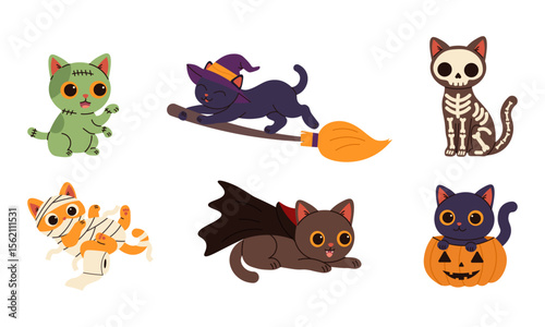 Cute Halloween cat illustration set featuring six playful cats dressed as a witch, skeleton, mummy, vampire, Frankenstein, and pumpkin, perfect for spooky holiday designs and decorations.