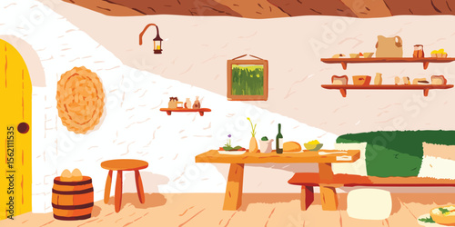 Inside a cozy, quaint home, the warmth of a sun-drenched interior welcomes. A rustic wooden table set for a meal, inviting seating, and shelves laden with provisions evoke feelings of tranquility.