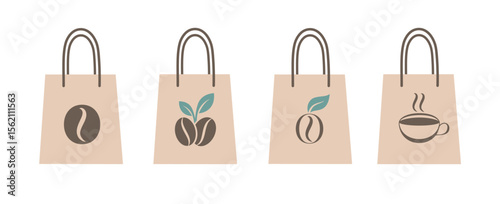 Vector flat art set shows four minimalist coffee-themed shopping bags.